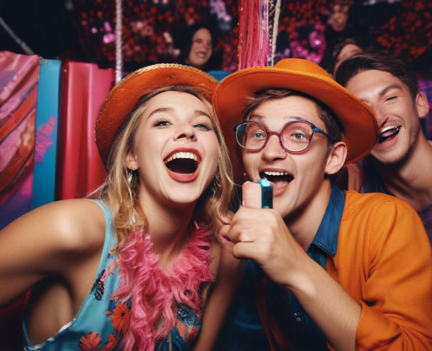A vibrant photo booth in a bustling event space.
