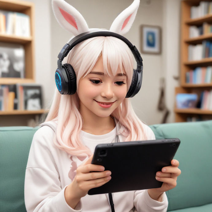 A reader with headphones scrolls through Mana Rabbit webtoons on a tablet while smiling.