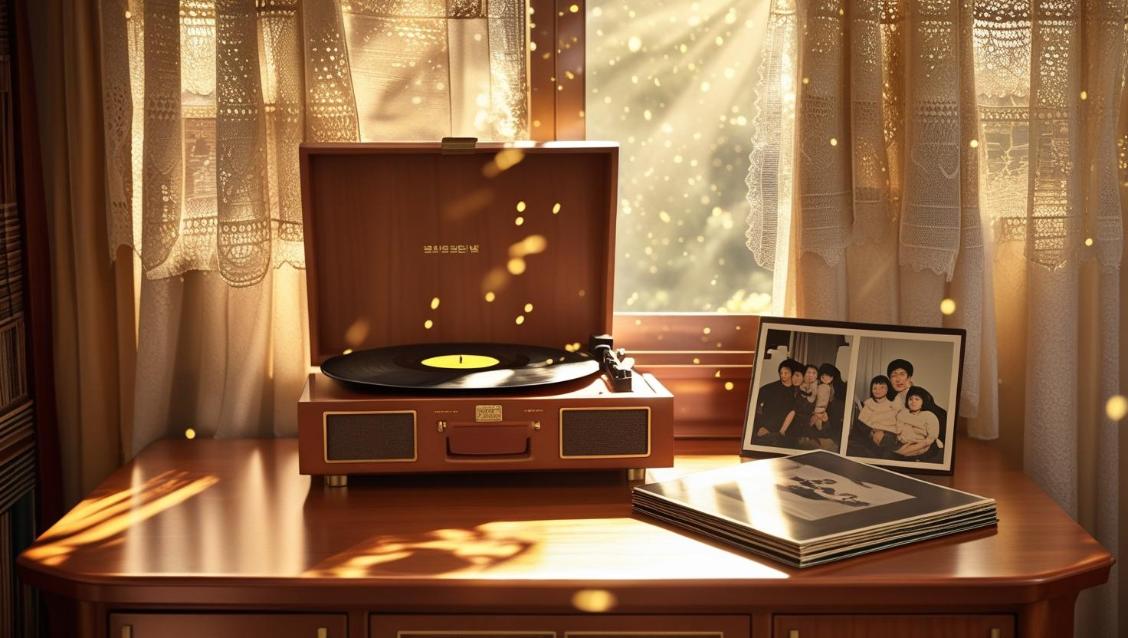 Vintage Korean living room with record player, vinyl stacks, and warm sunlight.