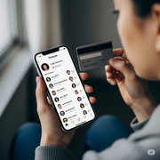 A person holds a credit card and a smartphone displaying an Instagram profile with "1.2M followers." The follower list shows a mix of generic profile pictures and nonsensical usernames, suggesting bot accounts.