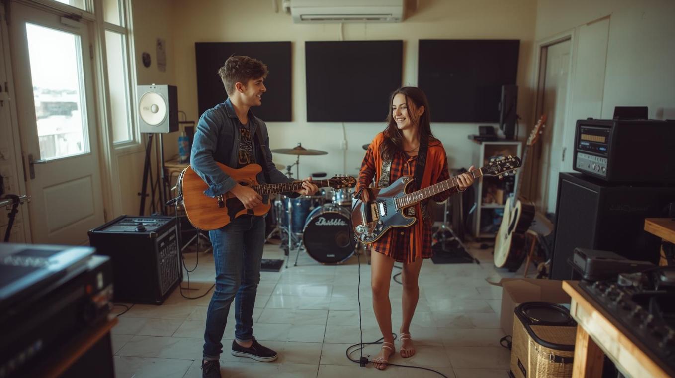 Smiling musicians relax in clean tiled studio, guitars nearby, bright warm atmosphere.