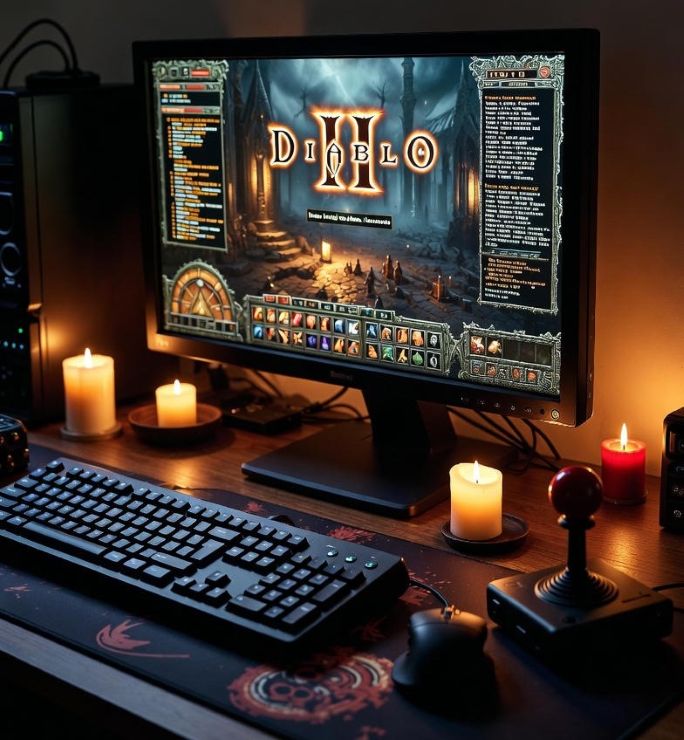 retro PC gaming setup with Diablo II on screen